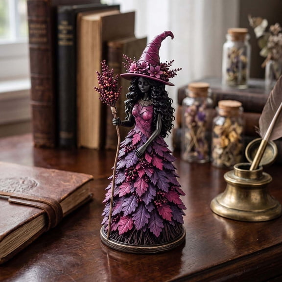 Enchanted Autumn Witch Statue Goth Decor, Whimsigoth Resin Halloween Decorations with Fall Leaf, Goth Home Decor Witch Decorations for Mantel Bookshelf
