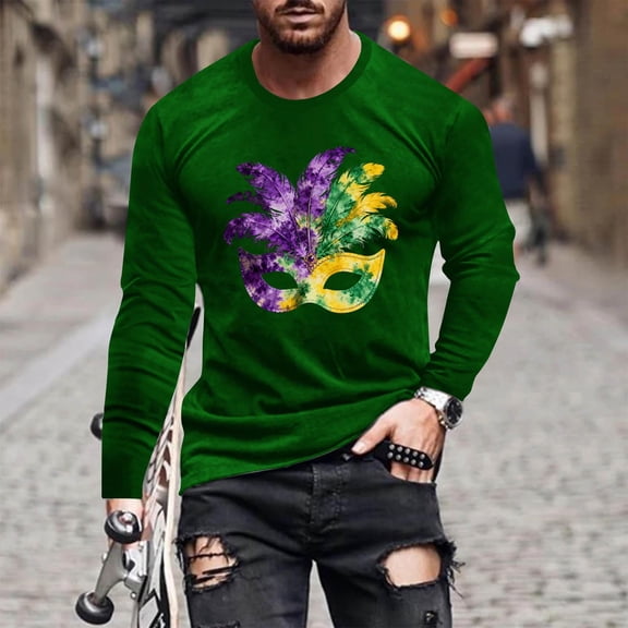 Handshe Men's Long Sleeve T-Shirt with Carnival Print, Fashion Casual for Daily Wear