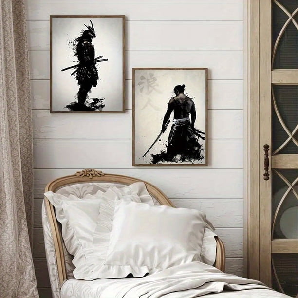 2pcs/set Frameless Japanese Samurai Canvas Paintings, Wall Art Character Posters And Prints Home Decorating For Living Room Bedroom, Without Frame