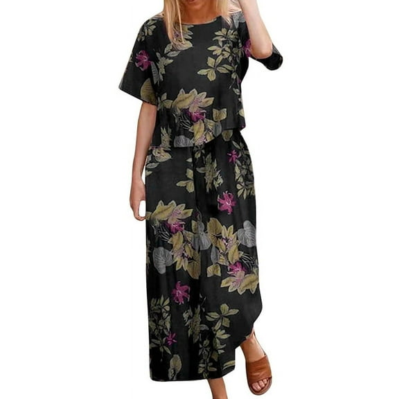 Women'S 2 Piece Linen Short Sleeve Set Crewneck Tops Wide Leg Pants Set Plus Size Summer Outfit Navy Leaves S