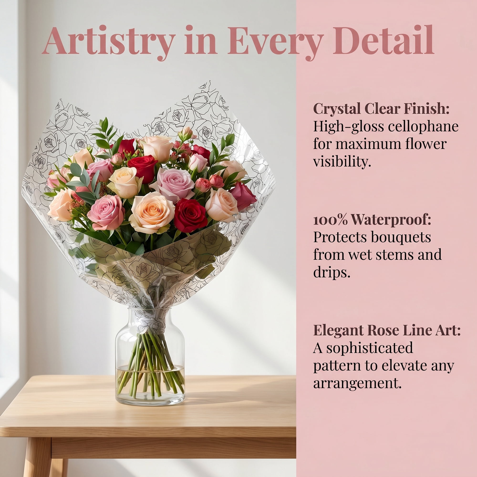 Unique Bargains Gift Wrapping Paper with Rose Pattern for Arrangements Black 22"x 22"