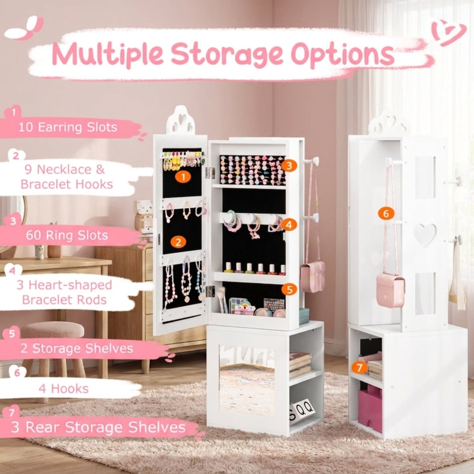 Furnibear Princess Vanity Table and Stool Set with Freestanding Jewelry Cabinet Armoire and Full-Length Mirror for the Bedroom, White