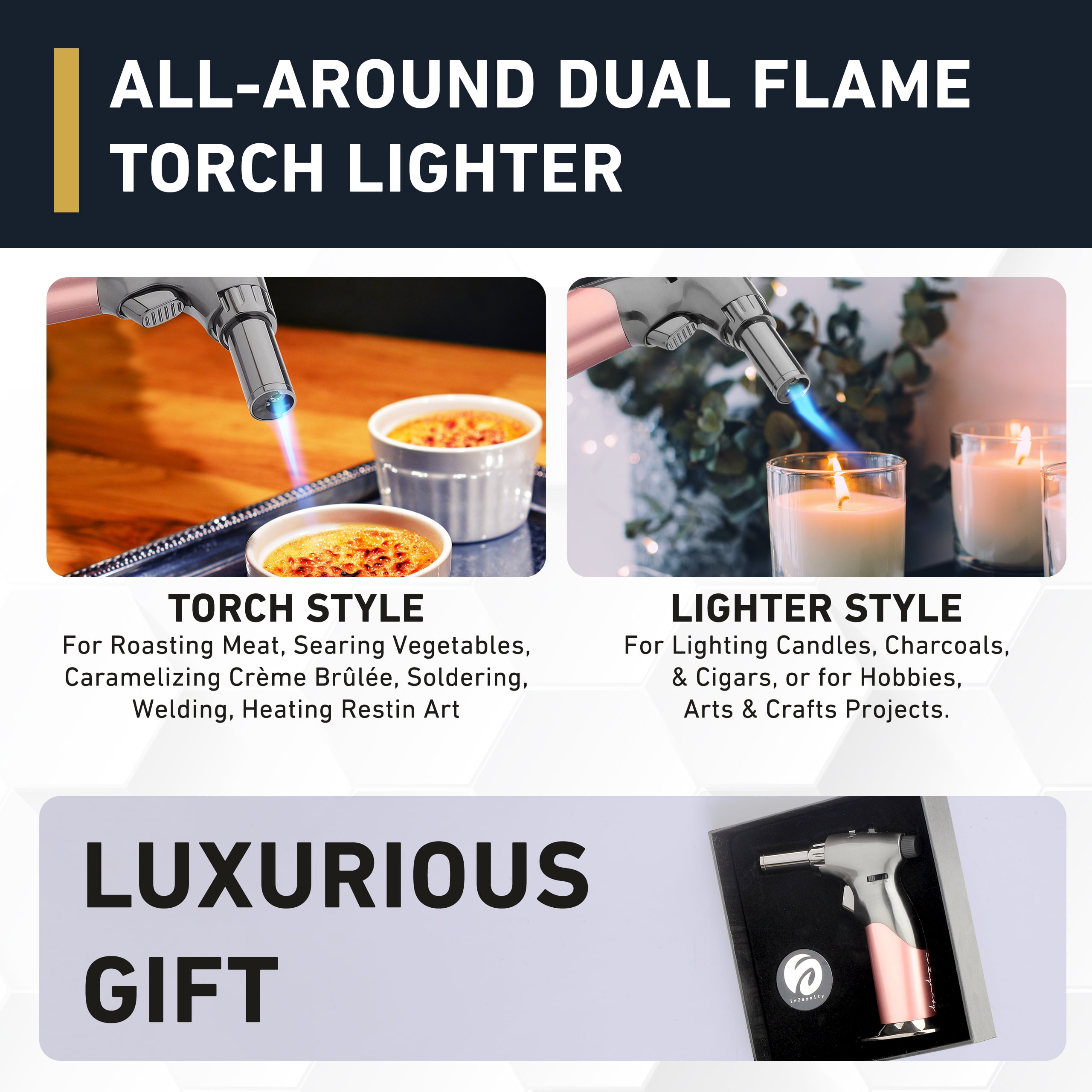 inZaynity Powerful Dual Flame Style+Triple Adjustable Flame Size in One Hand Butane Torch Refillable Culinary Kitchen Torch Continuous Flame Lock Soldering