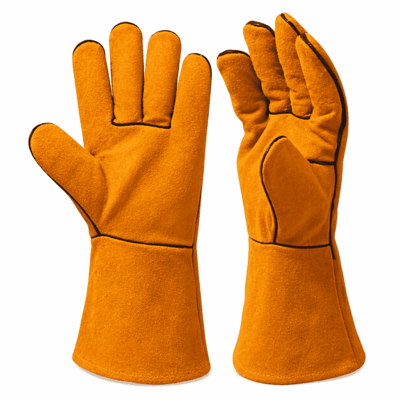 ChrumpTon Welding Gloves Heat Resistant, Leather Fireplace Gloves for Wood Stove & Welding, Long Sleeve Heat Resistant Gloves with Soft Lining, Orange