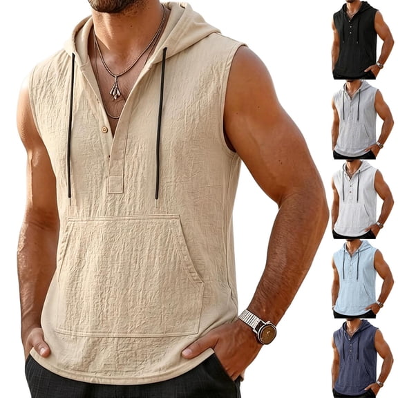 Noric Men's Sleeveless Hooded Tank Top Button Front Muscle Tee with Big Pocket Casual Gym Hoodie Vest for Summer