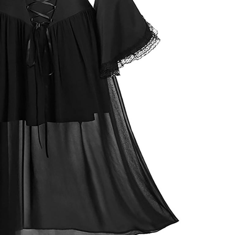 Women Gothic Dress Ruffle Mesh Puff Sleeve Bow Steampunk Cosplay Irregular
