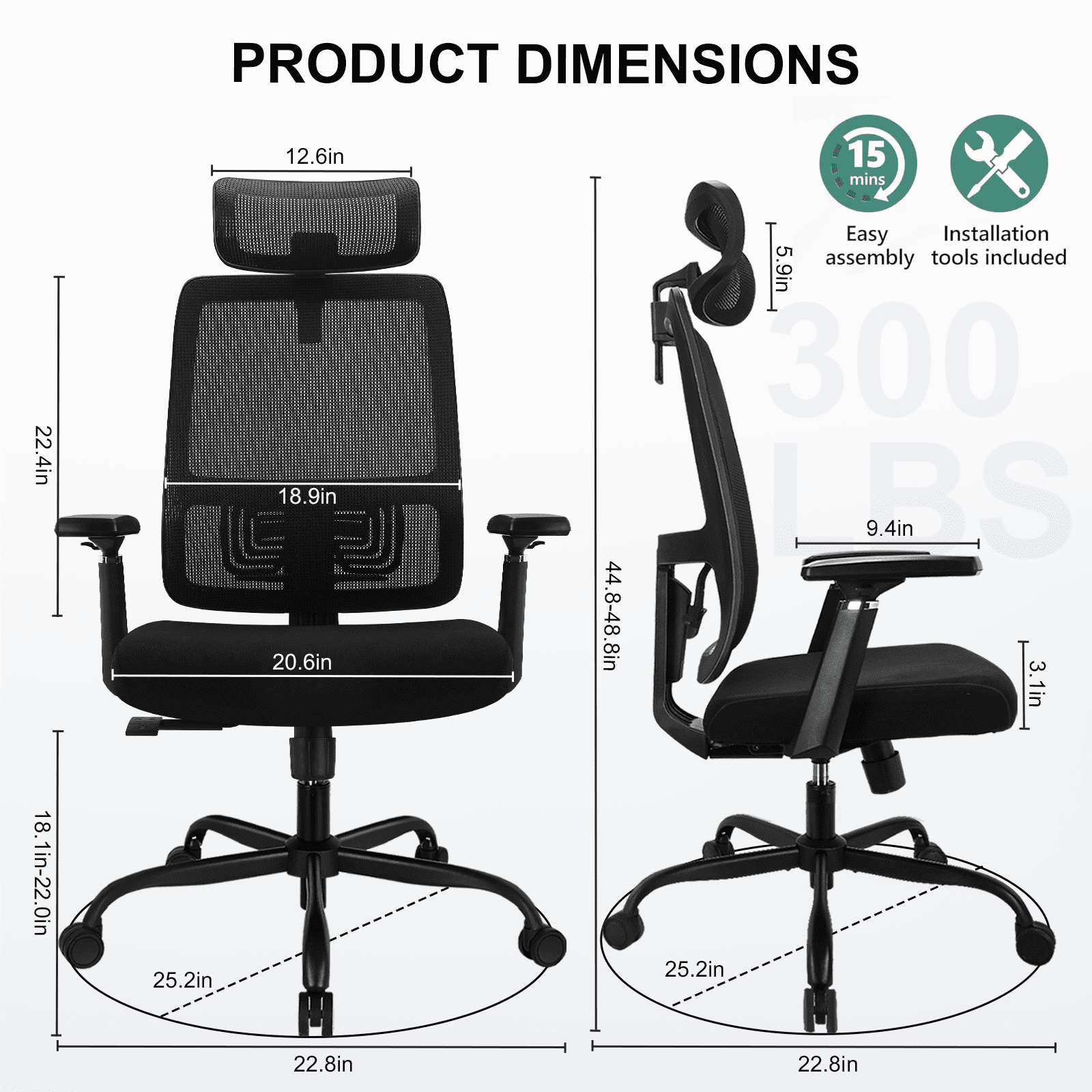 Ergonomic Office Chair - High Back Desk Chair with Adjustable Lumbar Support, Headrest & 3D Armrest - 135°Rocking Mesh Computer Chair (Black)
