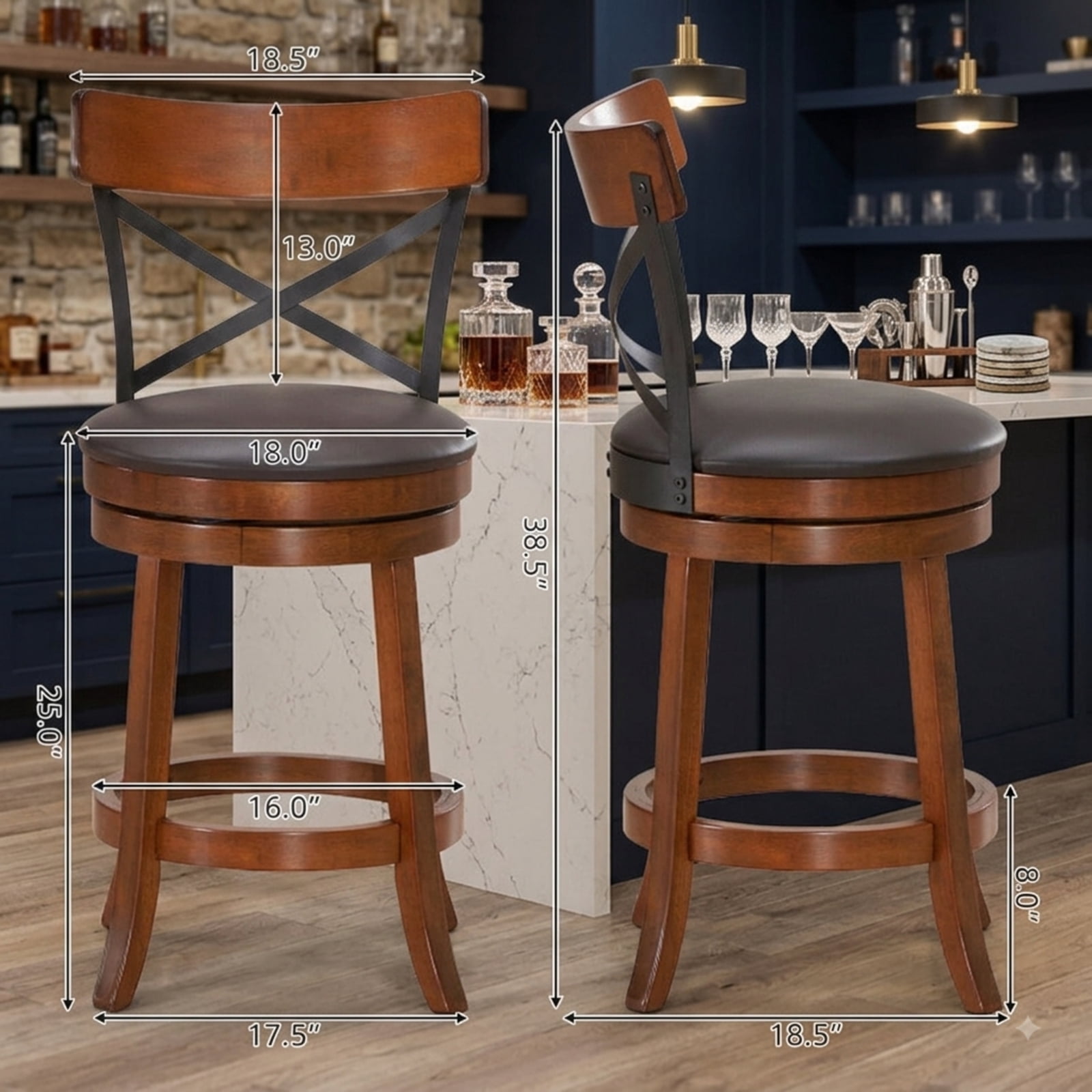 Furnibear Set of 2 Bar Stools 360-Degree Swivel Dining Bar Chairs with Rubber Wood Legs-25 inch for Kitchen Island Counter Bar Pub Dining, Walnut
