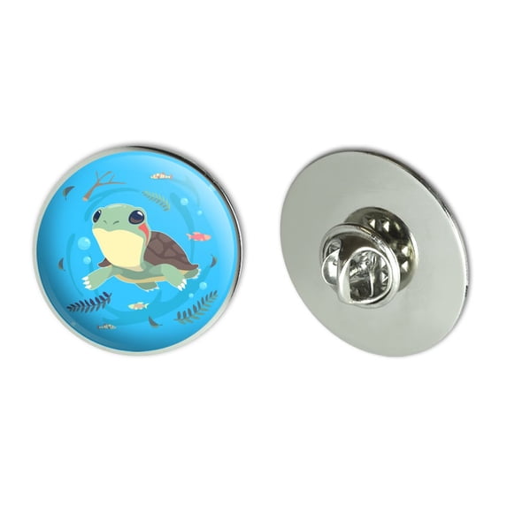 Cute Turtle Swimming with Fish Metal 1.1" Tie Tack Hat Lapel Pin Pinback