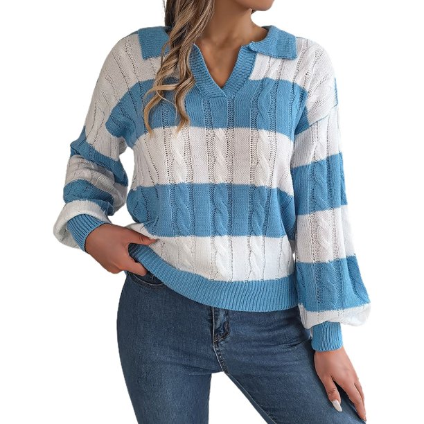 Suéter Casual Gibobby Dama Cuello Redondo Manga en Contraste Azul L