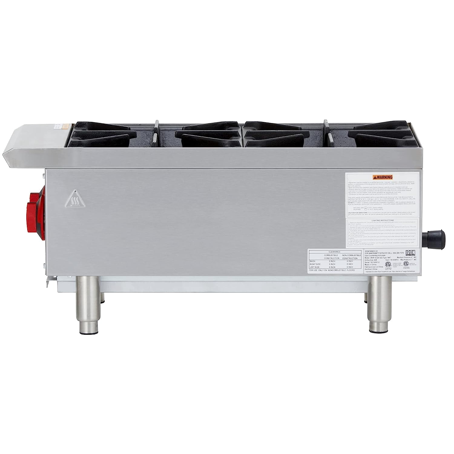 Iron Range IRHP-12-2B 12" Two Burner Countertop Commercial Gas Hot Plate, Stainless Steel, 50,000 BTU, ETL Listed