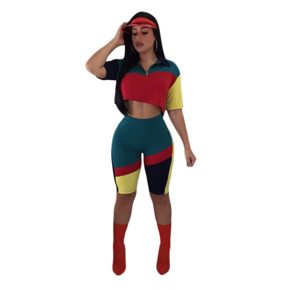 Women Color Block Splicing Quarter Zip V Neck Crop Workout Shorts Outfit Sets Red XL