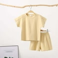thumbnail image 2 of AJTQTH 2PCs Toddler Kids Girls Boys Solid Color Round Neck Short-Sleeved Tshirts+Elastic-Waisted Shorts Summer Cotton Outfits Beige 6 Years, 2 of 3
