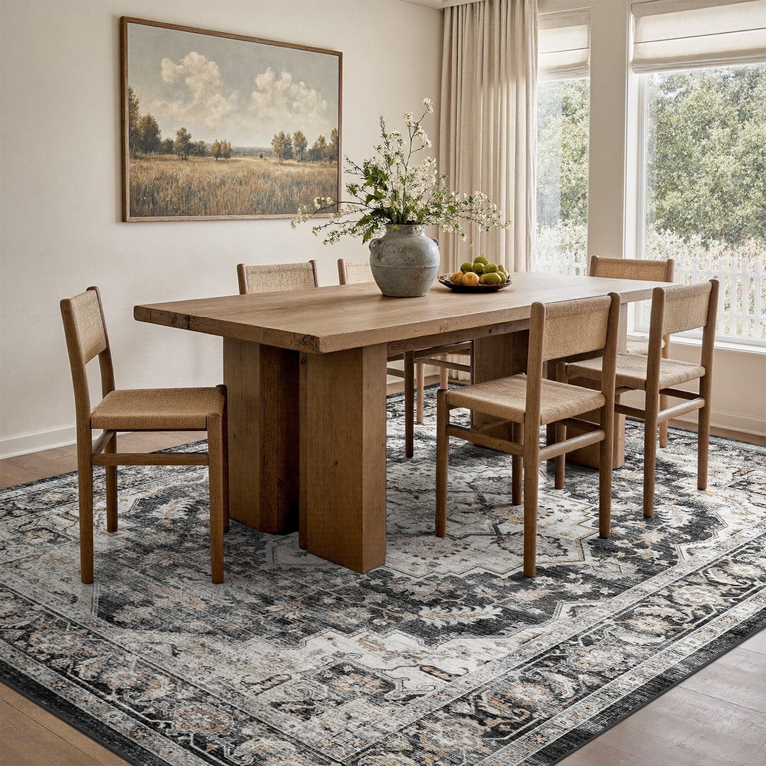 FEELHOME 9'x12' Area Rug Machine Washable Soft Vintage Distressed Non Slip Carpet for Living Room Bedroom Dining Room Black