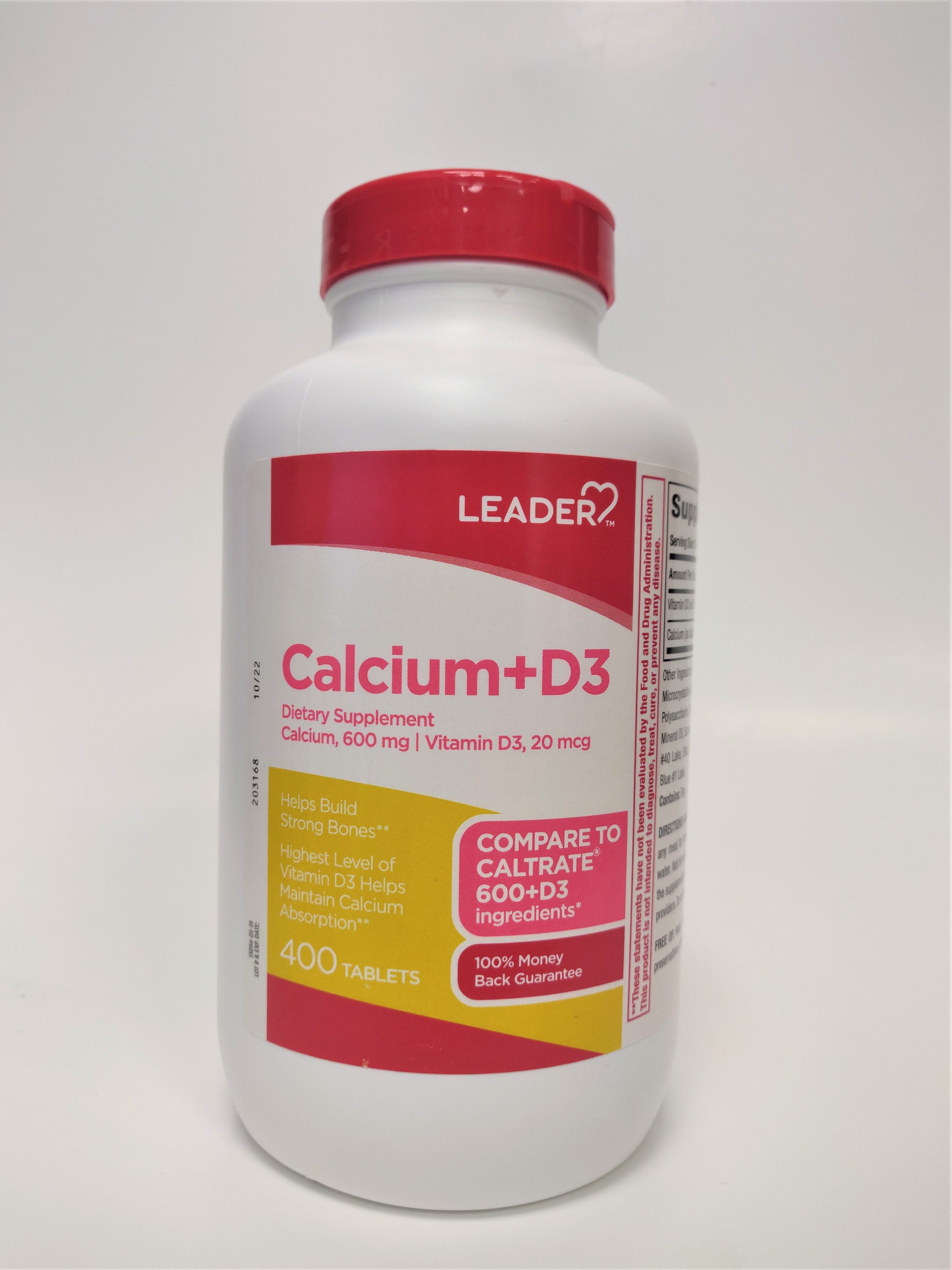 Leader Calcium Plus D3 Dietary Supplement Tablets, 400 Ea