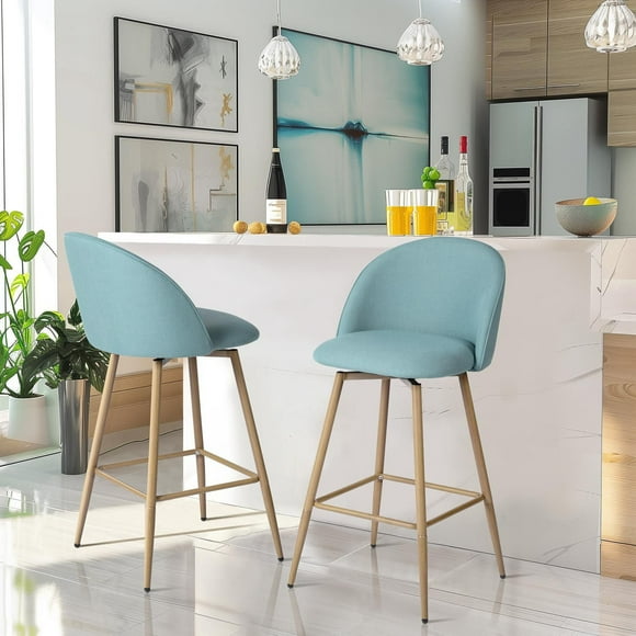 Homy Casa Swivel Counter Stool 26" Set of 2 Barstool Fabric Upholstery Mid Back for Kitchen Island, Oak Finished