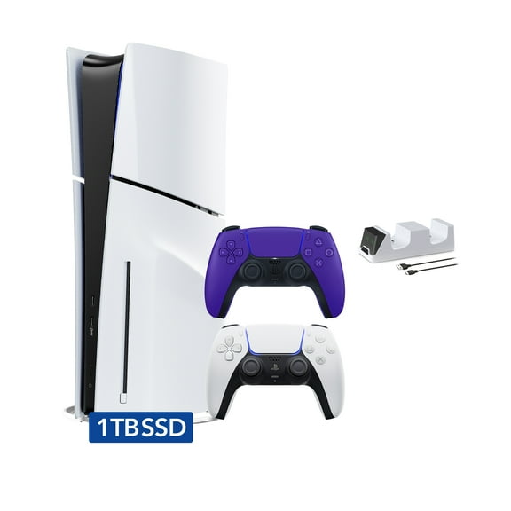 PlayStation 5 Disc Edition with Two Controllers White and Galactic Purple DualSense and Mytrix Dual Controller Charger - PS5 Gaming Console