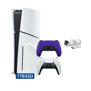 PlayStation 5 Disc Edition with Two Controllers White and Galactic Purple DualSense and Mytrix Dual Controller Charger - PS5 Gaming Console