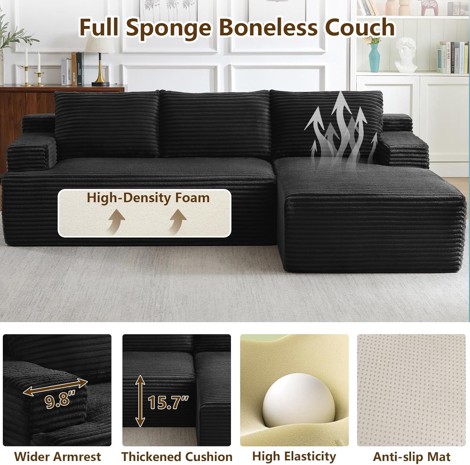 96" Boneless Cloud Couch with Chaise, Modular Sectional Sofa for Living Room, No Assembly Required, Deep Seat Corduroy Couch, Black