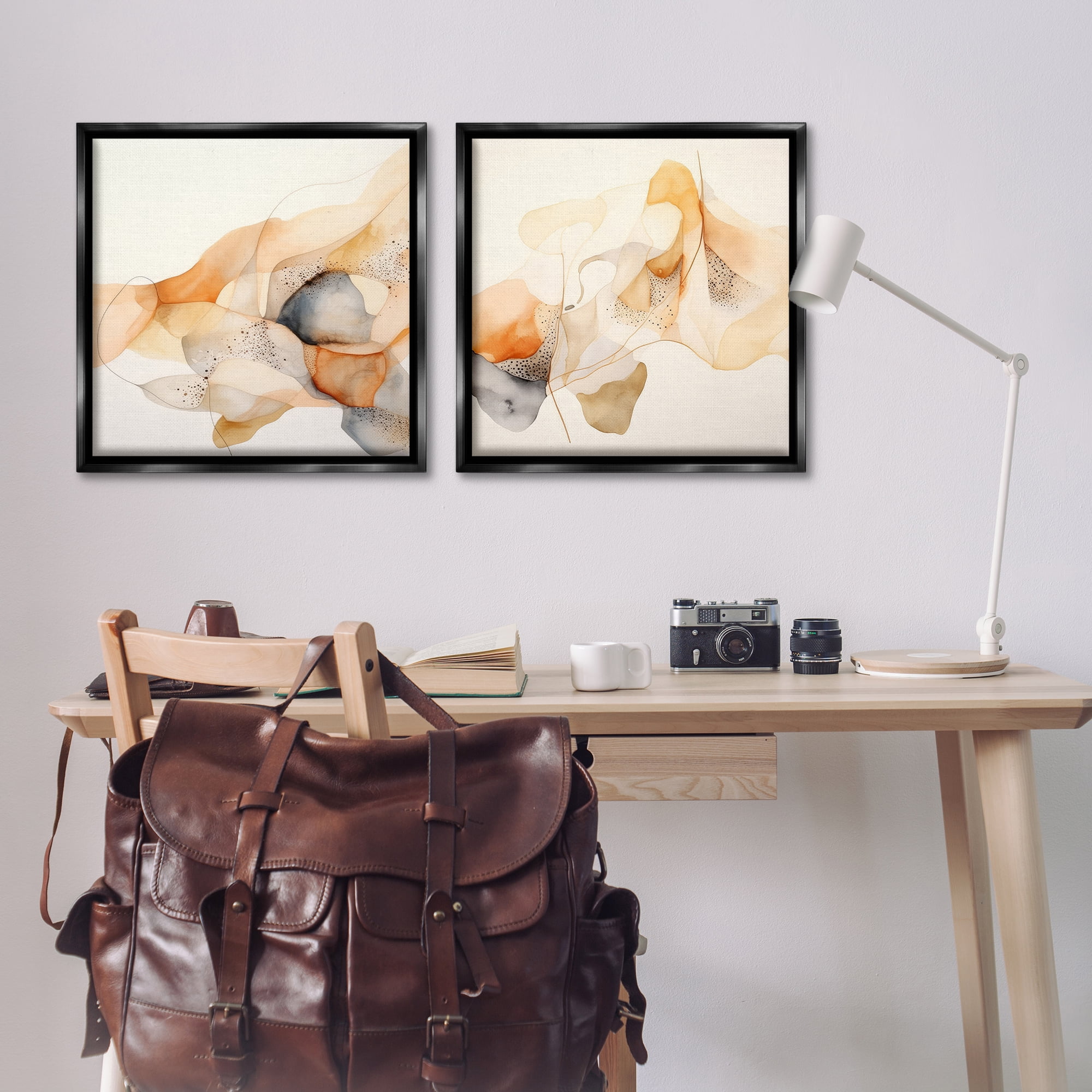 Stupell Industries Abstract Peach Watercolor Shapes Abstract Painting Black Floater Framed Canvas Art Print Wall Art, 25 x 25, Set of 2