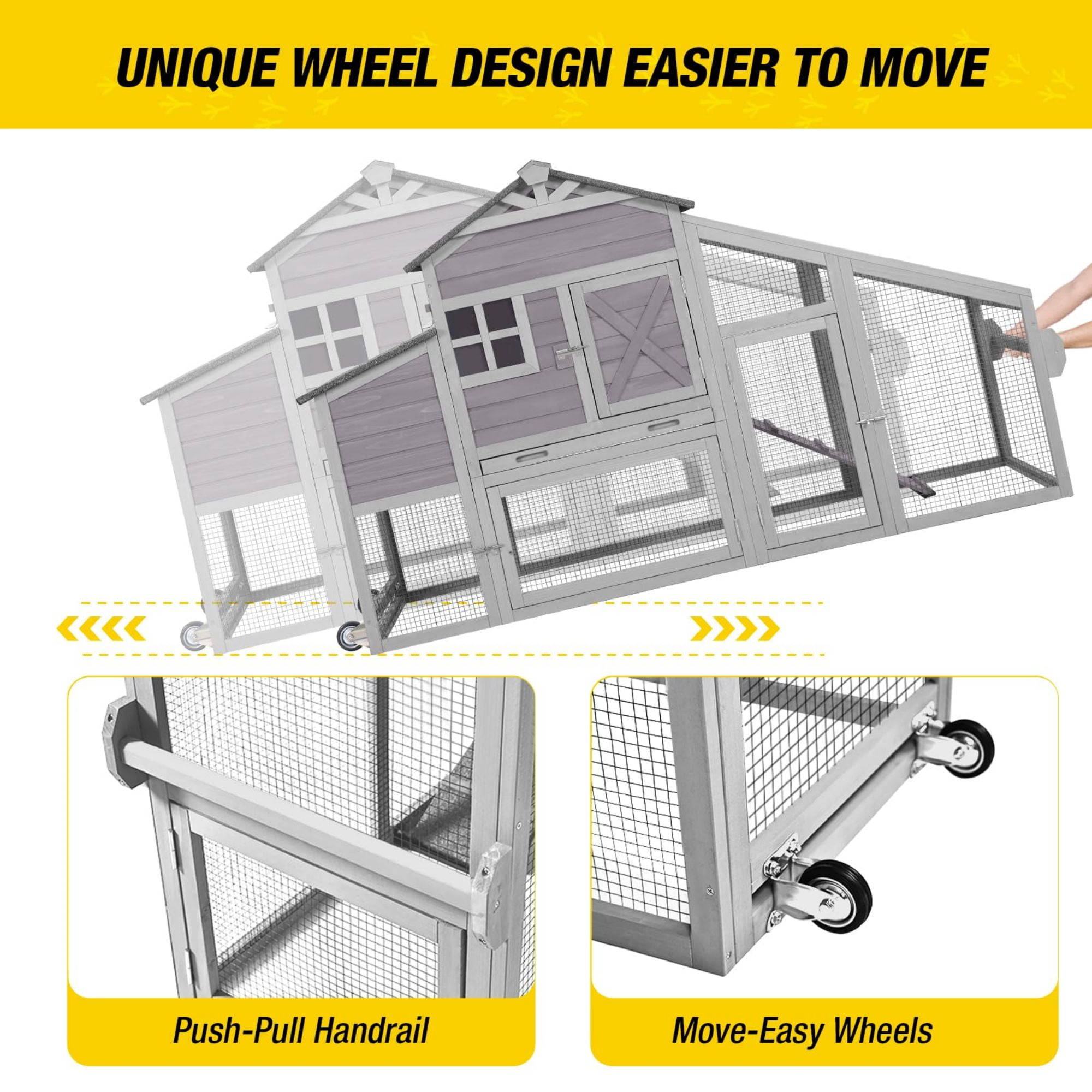 Aivituvin Large Chicken Coop with Wheels & Run, Mobile Hen House Outdoor Wooden Poultry Cage with Large Nesting Box Leakproof Pull-Out Tray, Gray
