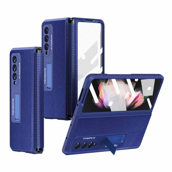 ELEHOLD for Samsung Galaxy Z Fold 3 Rugged Case, Hard PC+Soft TPU Screen Protector Invisible Kickstand Hidden Bracket Anti-Scratch Shookproof Folding Case for ZFold 3 2021 7.6 inch, Blue