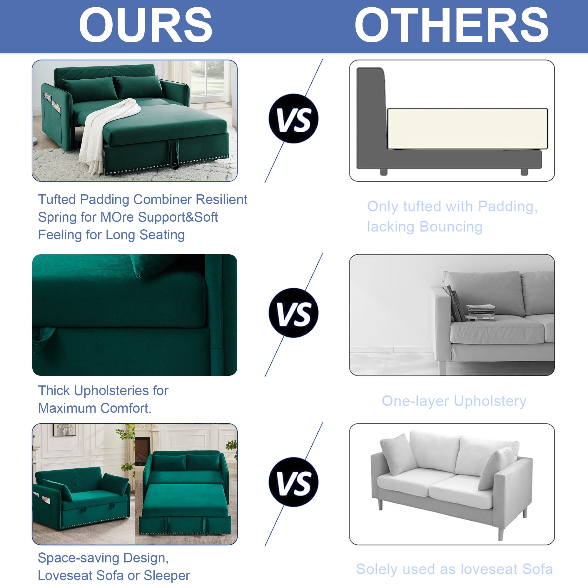 Aukfa 3 in 1 Convertible Sofa Bed, 55" Velvet Loveseat Sleeper with 2 Pillows & USB Port, Green