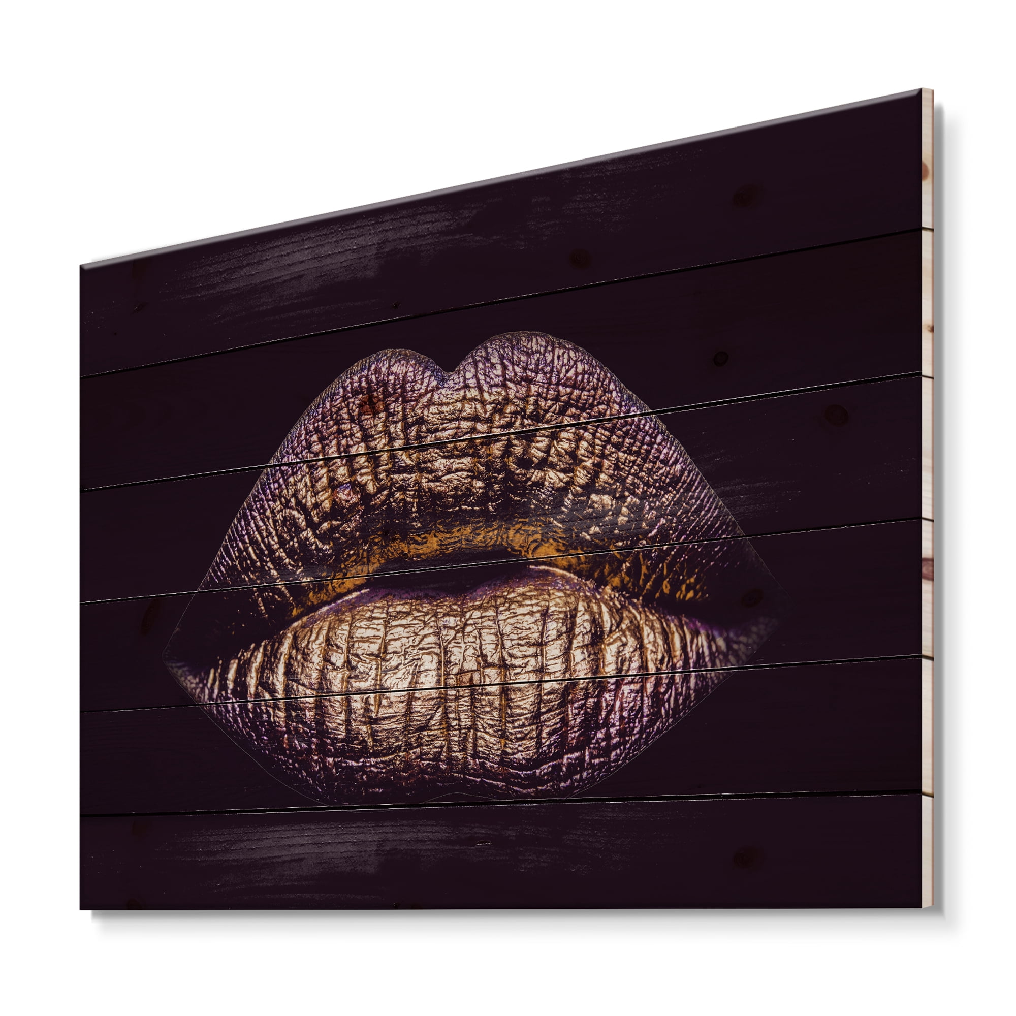 Designart 'Sexy Golden Metallized Woman Lips III' Modern Print on Natural Pine Wood