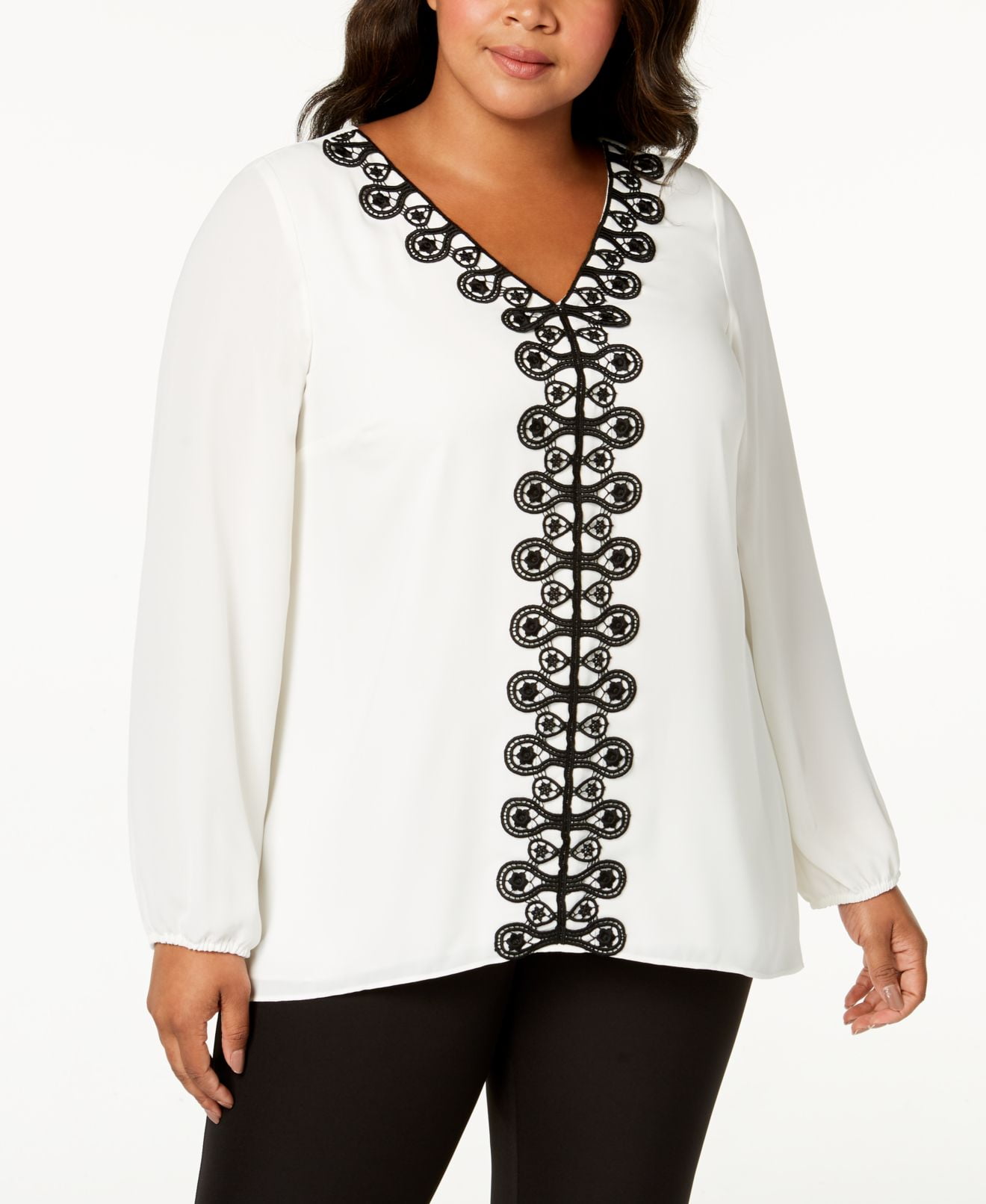 Alfani - Womens Blouse White Black Plus Tunic V-neck Lace Trim $85 2X