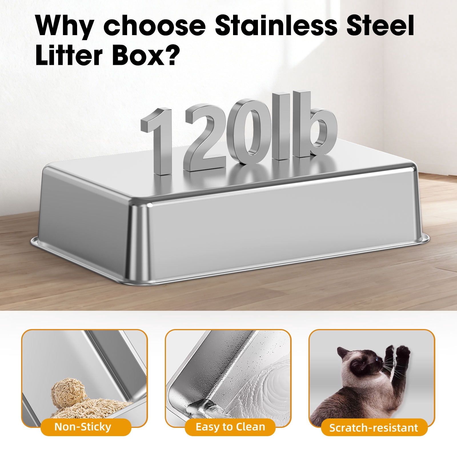 CQSXDA High-Sided Odor-Resistant Cat Litter Box Made of Stainless Steel with Litter Scoop for Tidy Homes