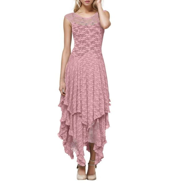 Vestido largo sexy de mujer con falda irregular de encaje alto y bajo - Cuello en V, mangas con volantes, diseño con bolsillos - Apto para la playa, para llevar de forma informal o para fiestas - A