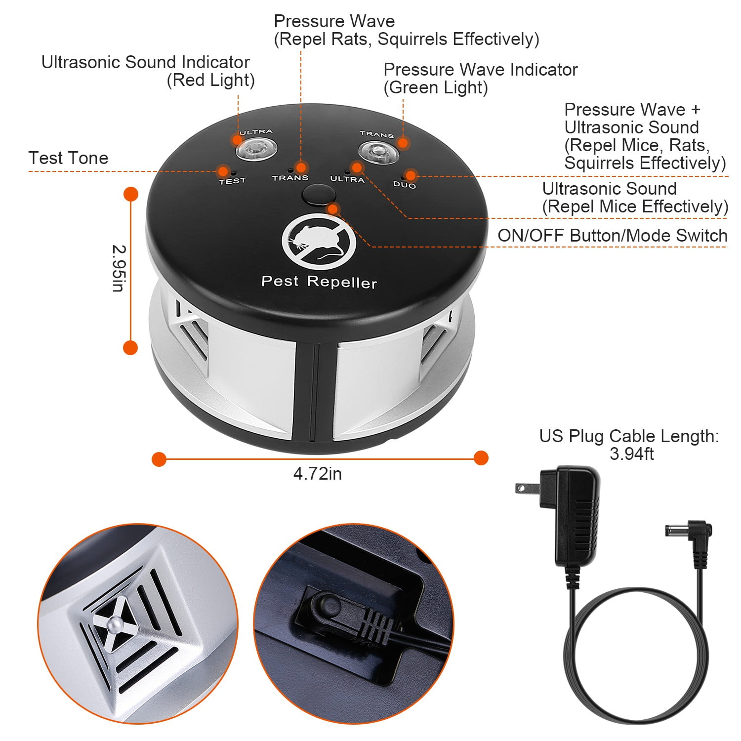 Moclever 360° Ultrasonic Pest Repeller Electronic Plug-in Mice Repellent for Indoor Use, Black