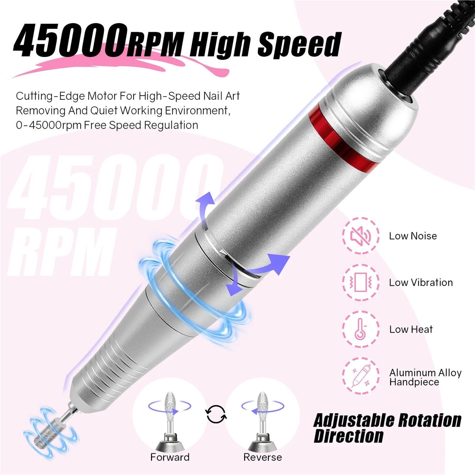 45000RPM Electric Nail Drill Kit For Acrylic, Gel, Dip Powder Nails, Professional Nail File Machine For Manicure & Pedicure