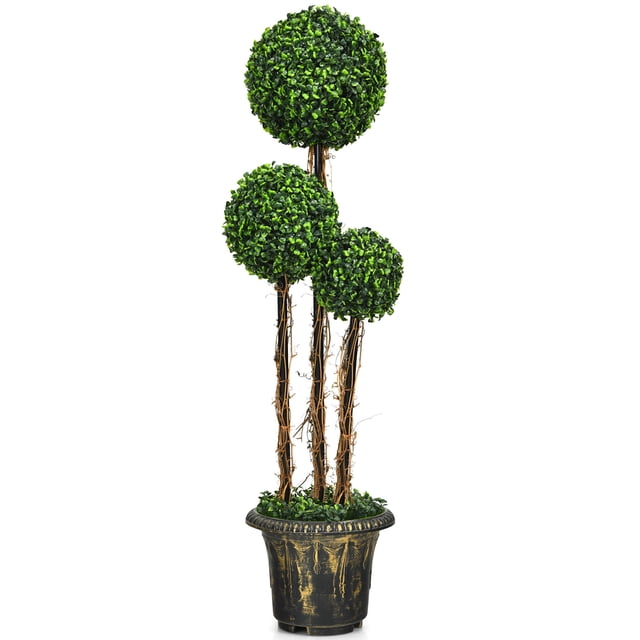 Costway 4’Artificial Topiary Triple Ball Tree Plant Outdoor Indoor UV Resistant