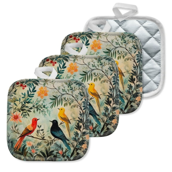 4 Pack Pot Holders,Kitchen Essential, Potholder Set,Three Birds On A Branch With Flowers And Foliage