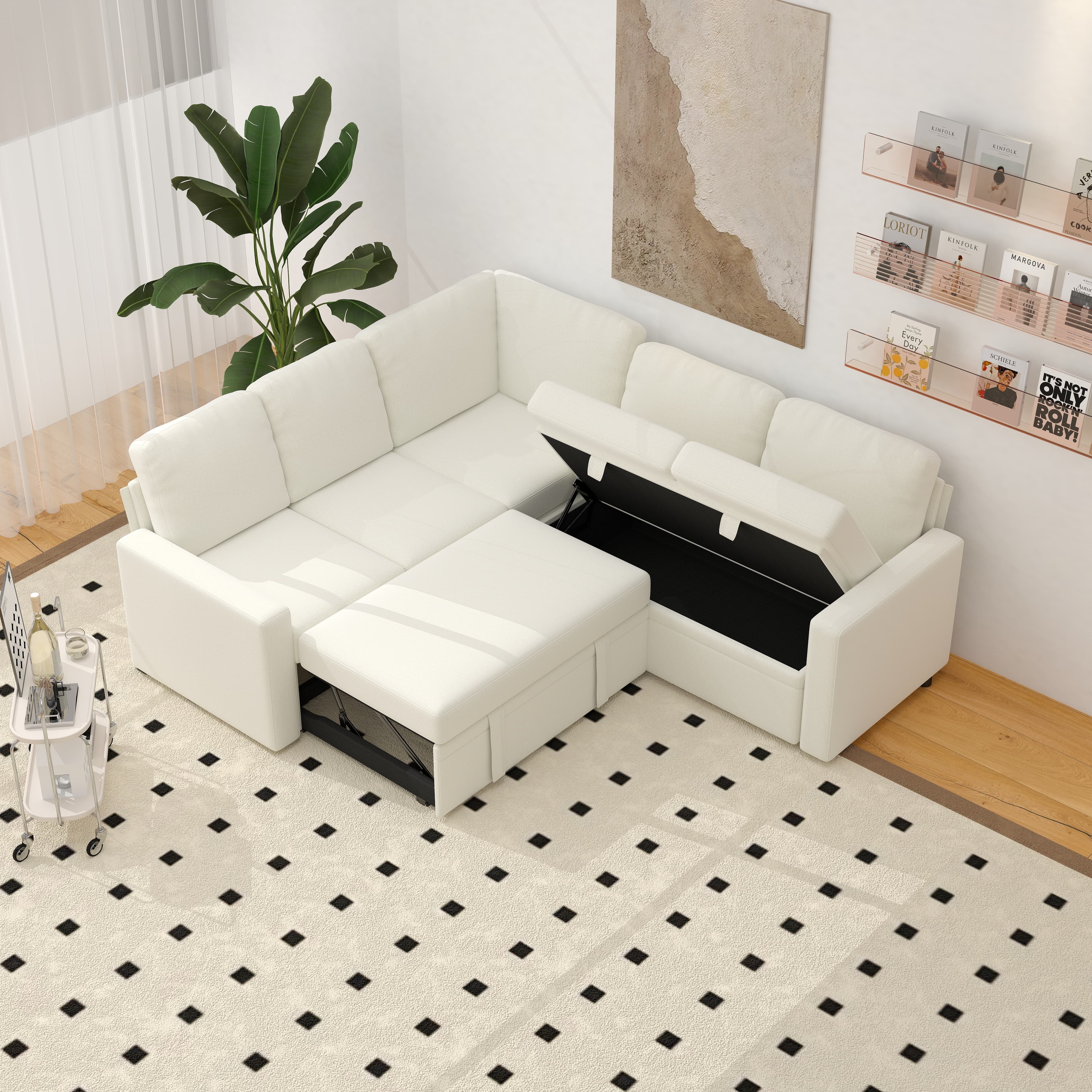 BSHTI Modern L-Shaped Pull-Out Sectional Sleeper Sofa Bed with Storage for Living Room, Beige