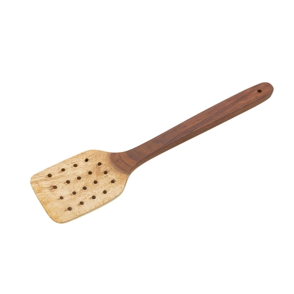 Two-Tone Wooden Slotted Cooking Turner with Long Handle, Flat Perforated Kitchen Spatula for Stirring, Flipping and Draining