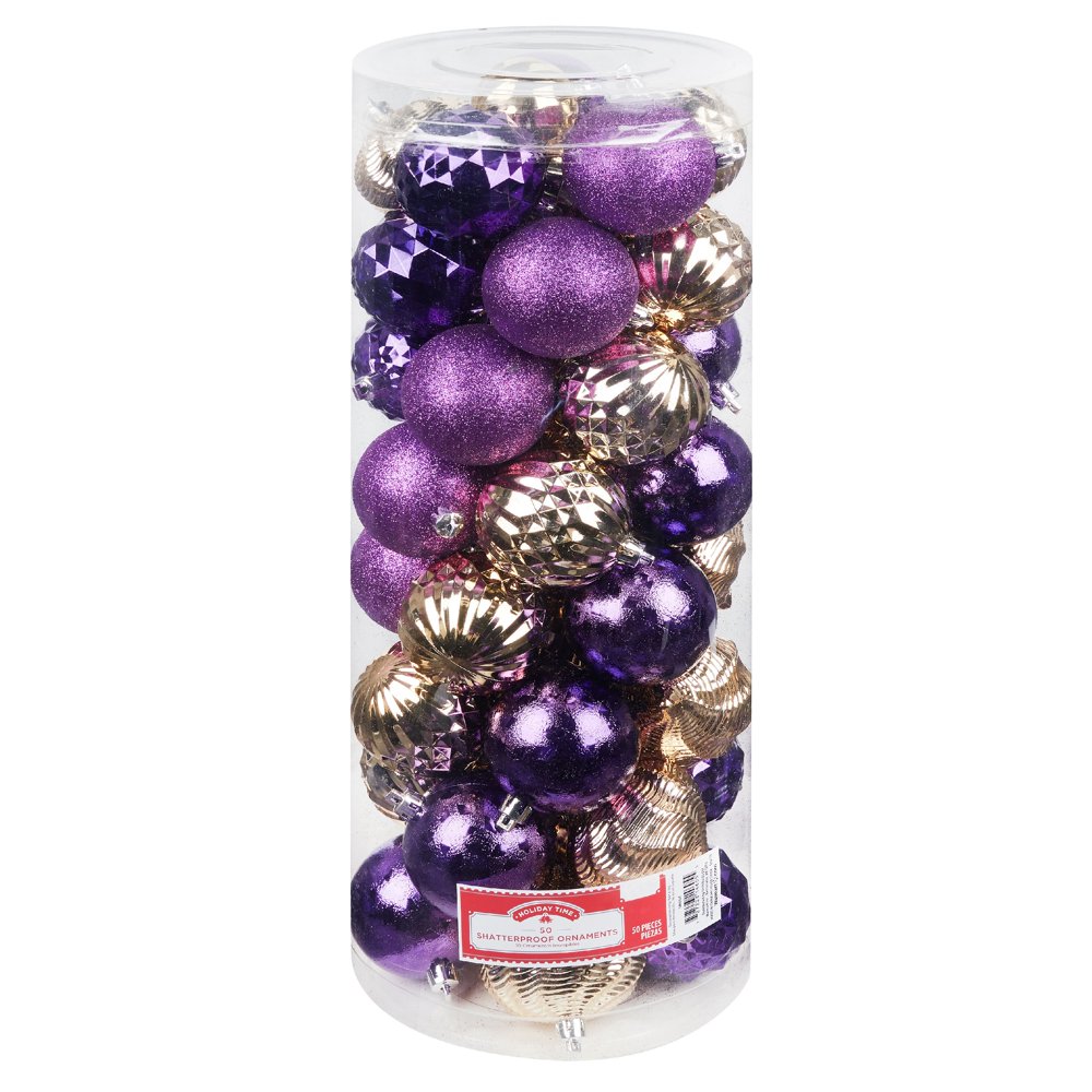Holiday Time Shatterproof Ornaments, Purple and Gold, 50 Count