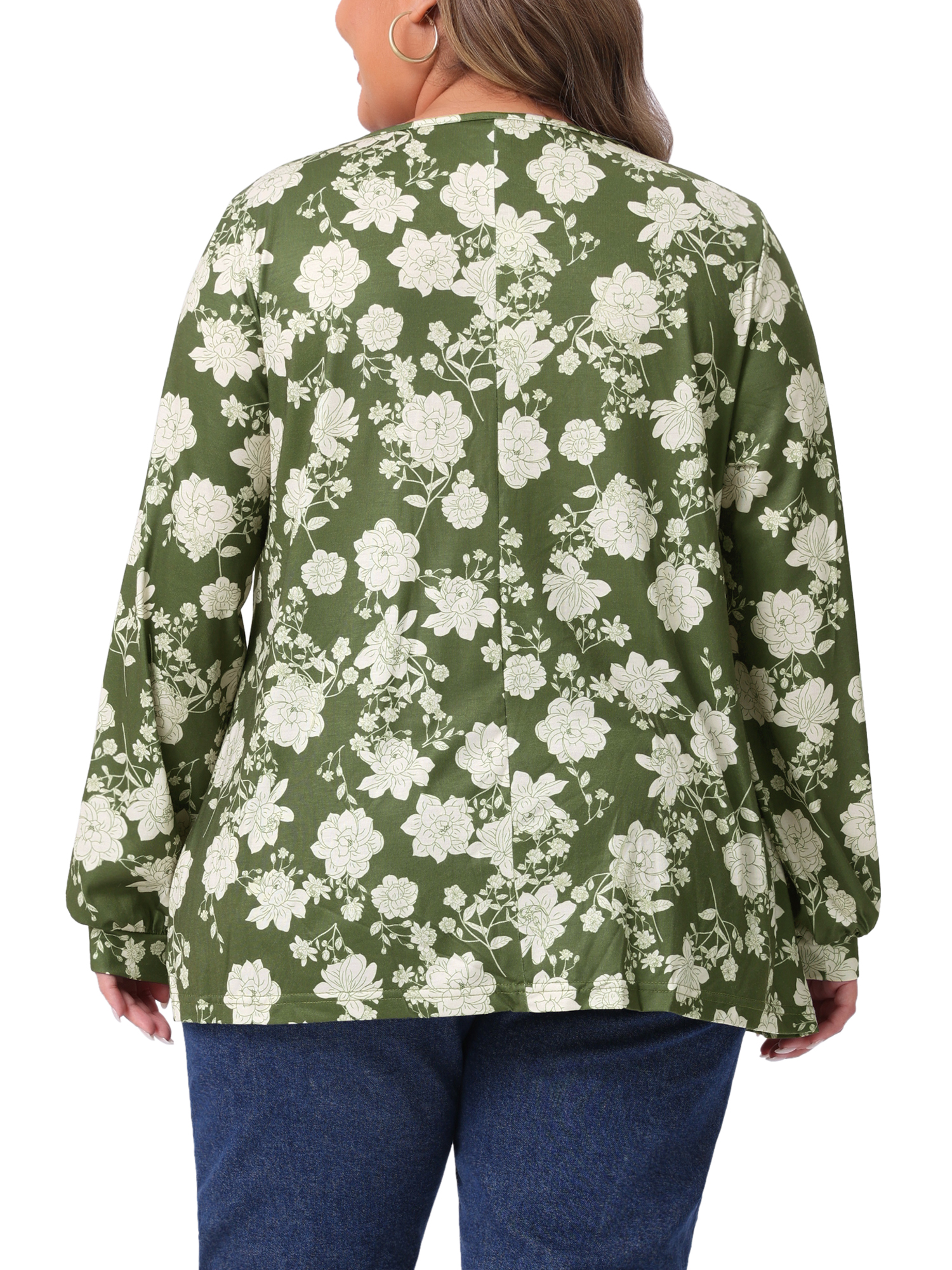 DARING DIVA Women's Plus V Neck Keyhole Pleated Floral Blouse 4X Army Green