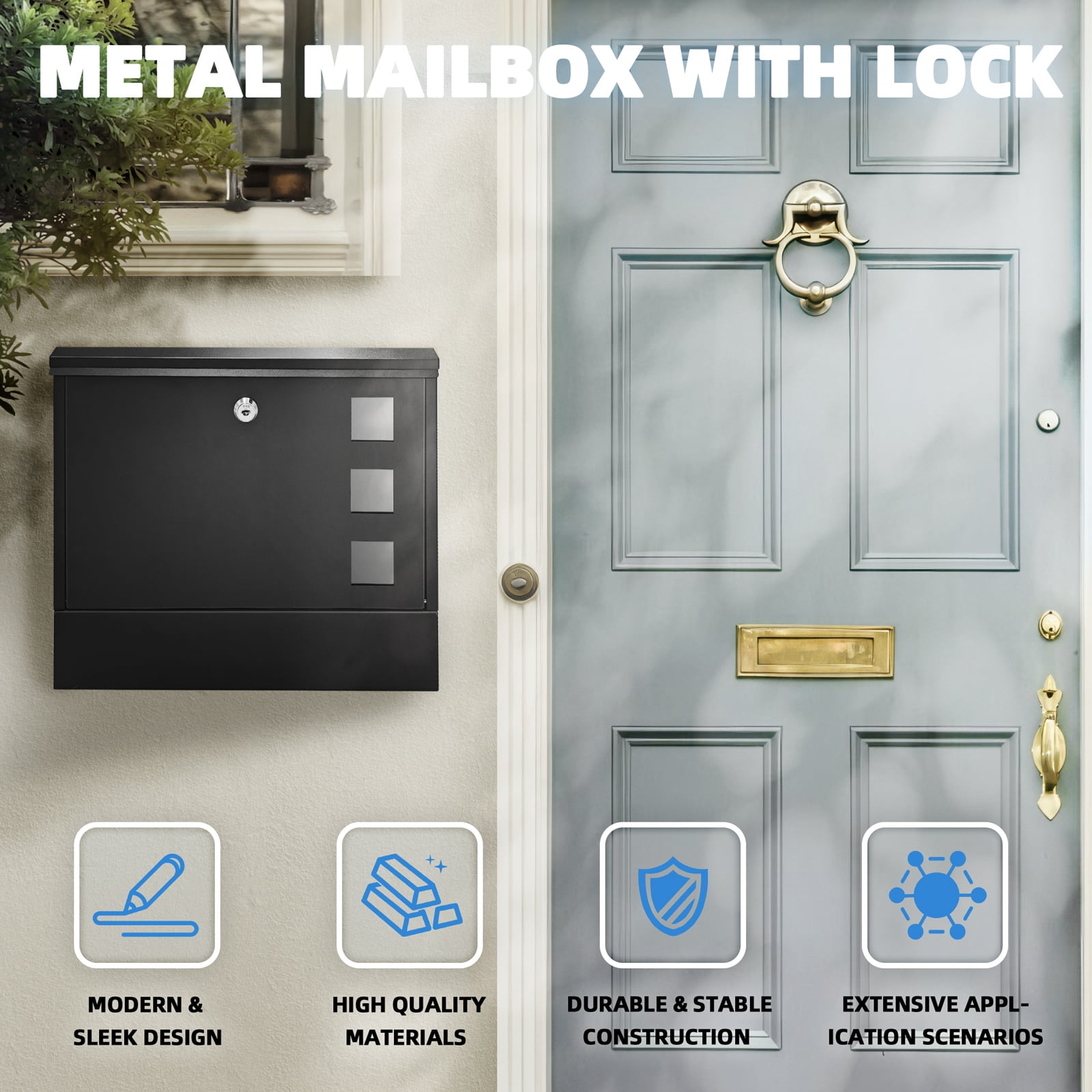 Mailbox Wall Mounted, Locked Mail Boxes, 14.3" x 4.1" x 11.8", Large Capacity Mailbox for Newspapers, Weatherproof Secure Mail Box, Key Lock Mail Boxes Outdoor (Black Rectangular Shape)
