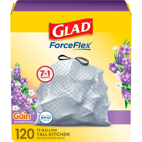Glad ForceFlex Tall Kitchen Trash Bags, 13 Gallon (Gain Lavender Scent)