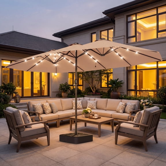 LAUSAINT HOME 15ft Double Sided Patio Umbrella with Base & Crank Handle for Garden, Poolside, Beige