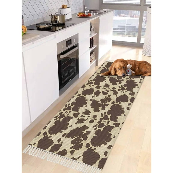 Brown Beige Entryway Runner Rug 2x4ft, Modern Animal Texture Abstract Washable Woven Living Room Hallway Bedroom Kitchen Carpet with Tassels, Non-Shedding Indoor Outdoor Throw Door Mat for Entryway