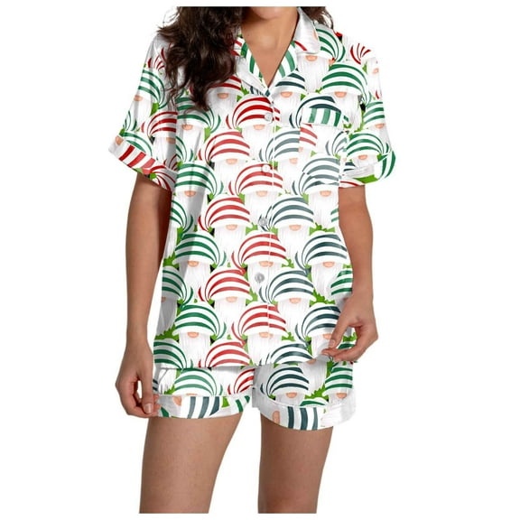 2 Piece Sets for Women – Satin Pajama Long Sleeve Button Up Cooling Pajamas Nursing Friendly Sleepwear Women's Casual Christmas Print Set Silk Short Top And Shorts