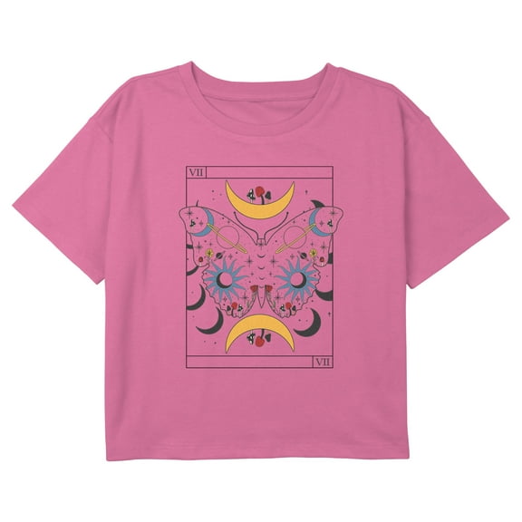 Girl's Lost Gods Celestial Butterfly Tarot Card Graphic Cropped T-Shirt Light Pink Medium