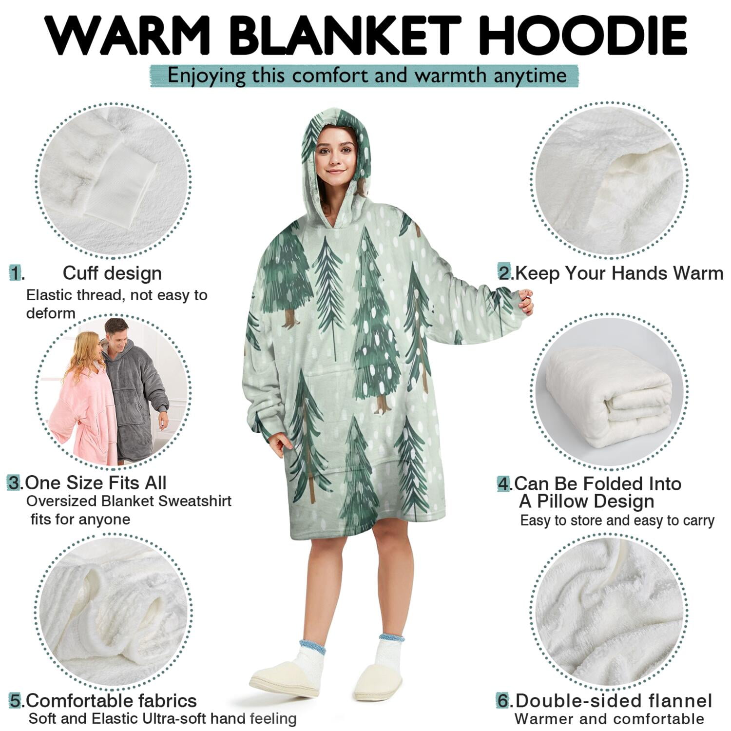 Wearable Oversized Blanket,Light Green Christmas Tree and Snow Pattern Wearable Blanket Hoodie for Adults,Cozy Hooded Blankets with Super Pockets,Super Warm Fuzzy Pullover for Women & Men