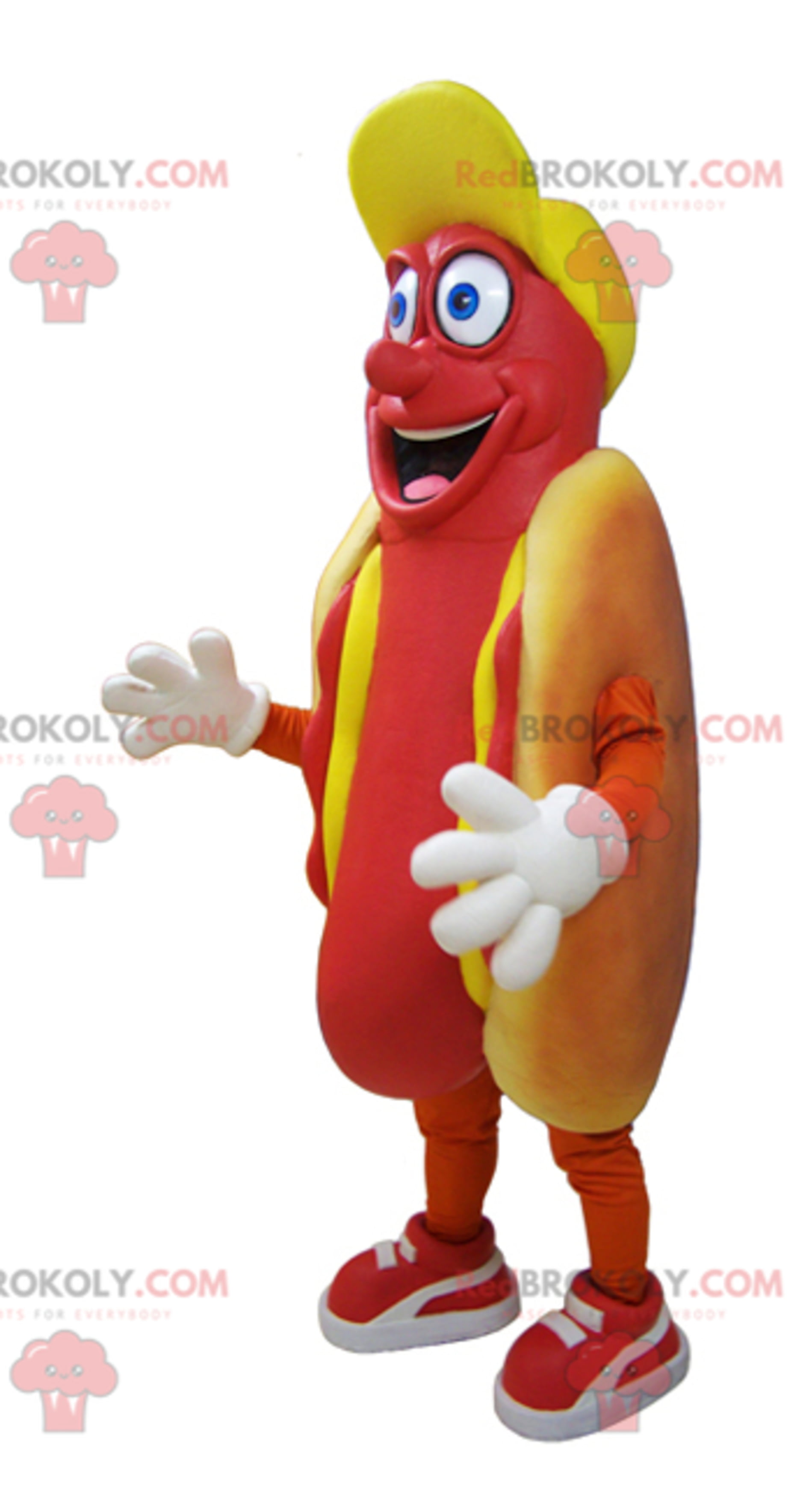 Mascot giant hot dog greedy and smiling 