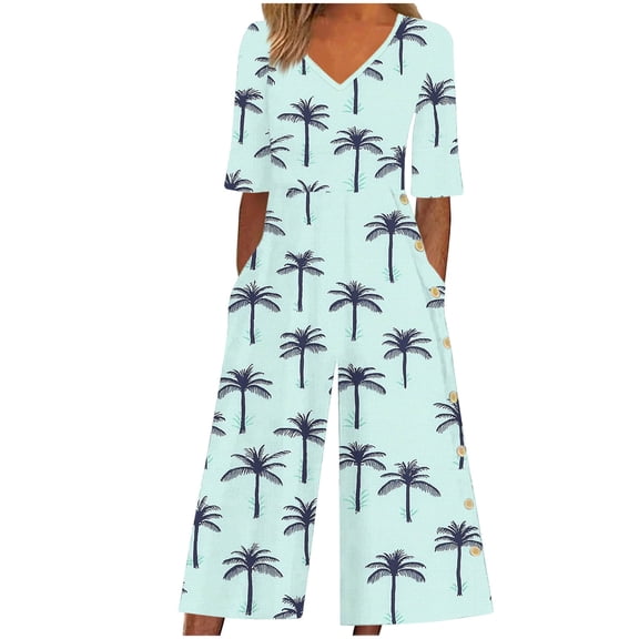 DeHolifer Women's Boho Jumpsuit Floral Printed Wide Leg Short Sleeve Romper with Pocket Back Zip V-Neck Loose Vacation Onesie Light Blue XL