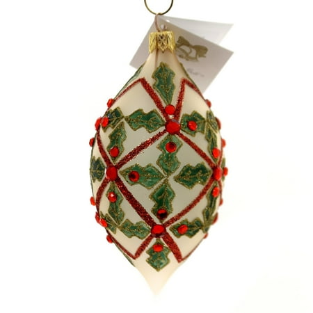 Ruby Bell - Golden Bell Collection TEARDROP WITH HOLLY Ornament Ruby Colored Stones Ola078
