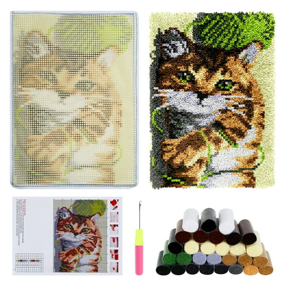 Animal Cat Style Latch Hook Rug Kit Pre Printed Bright Color Latch Carpet Making Kit for Adults Kids Beginners